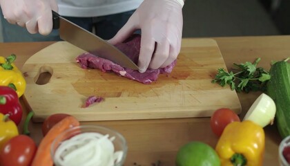 Person in Gloves Cutting Raw Steak on a Wooden Cutting Board, Surrounded by Fresh Vegetables