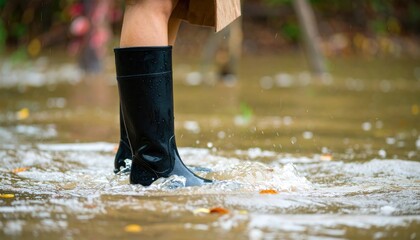 Person Walking Through a Puddle in Rain Boots
