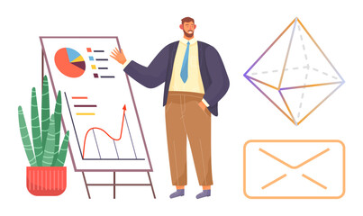 Businessman delivering a presentation with data charts on a board, geometric shape, email icon, and potted plant. Ideal for business, communication, data analysis, strategy, education teamwork