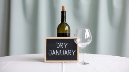 Dry january concept with wine bottle and glass on table against curtain, challenge to abstain from alcohol for the month, healthy lifestyle