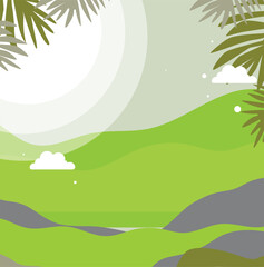 Obraz premium A simple abstract landscape of green hills and palm fronds under a large sun