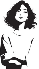A bold, black-and-white digital illustration of a young woman with curly hair and crossed arms