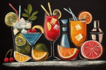 Colorful chalk drawing of various cocktails with fruits on a black background, ideal for bar menus