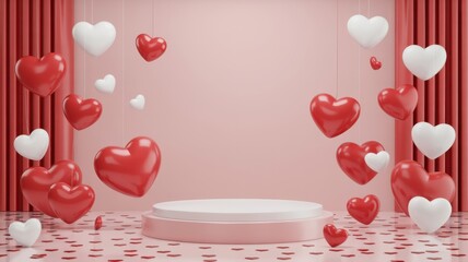 Valentines day podium stage with red and white heart balloons and confetti on pink background for product presentation 3d render