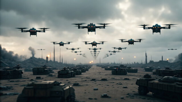 Futuristic battlefield with AI powered drones flying over tanks amidst desolate war torn landscape under cloudy sky