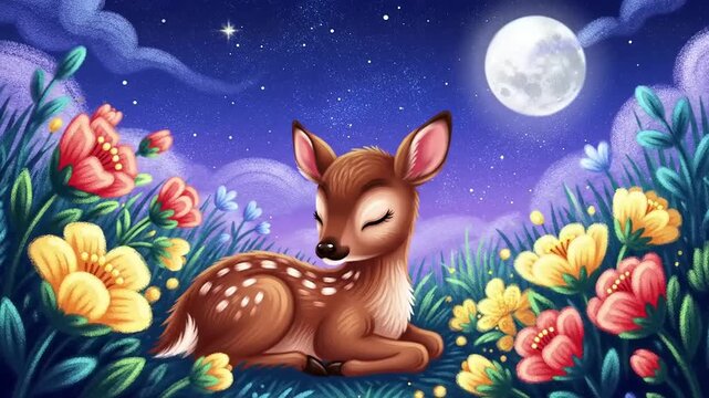 Deer resting among flowers night scene