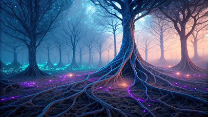 Surreal digital forest with glowing tree roots and ethereal lights, evoking magical and futuristic atmosphere