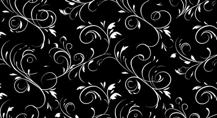 Ornamental white vine seamless design over black backdrop, ideal for fashion fabrics, posters, and creative templates.