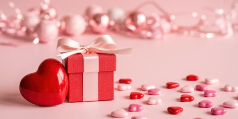 A charming valentines day composition featuring a red gift box with a pink ribbon, a heart, and candy hearts against a soft pink backdrop