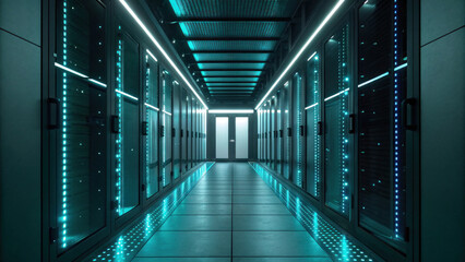 Futuristic AI data center corridor glowing with cyan lights, featuring server racks, modern technology, and sleek, high tech design