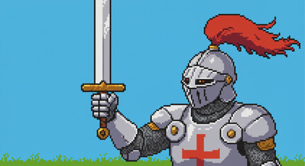 Naklejka premium Victorious pixel art knight with sword raised high. Retro 8-bit medieval warrior character illustration for a video game