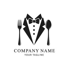 A black and white logo featuring a spoon as a head, a bow tie, and a tuxedo, with a fork and a small plate on the side, representing a formal dining or catering service.