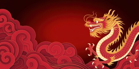 A vibrant chinese new year illustration featuring a golden dragon amidst swirling red clouds, symbolizing prosperity and good fortune for the festive celebration