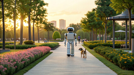 Humanoid robot walking dog in futuristic park during sunset, surrounded by vibrant flowers and modern landscaping