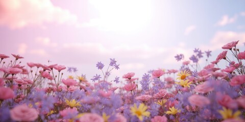 A vibrant field of colorful flowers under a pastel sky, creating a dreamy and enchanting landscape filled with beauty and serenity