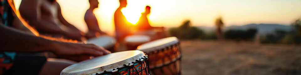 Individuals Playing Djembe Drums at Sunset
