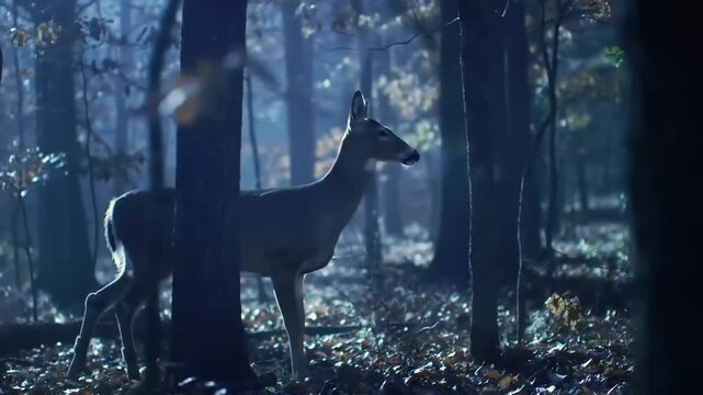 Deer walking through woods night