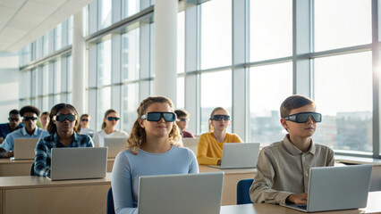 Students in modern classroom wearing augmented reality glasses and using laptops, showcasing advanced technology in education