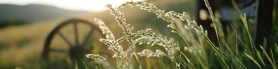 Fototapeta premium Grass Blades, Wagon Wheel, and Out-of-Focus Structure in Field