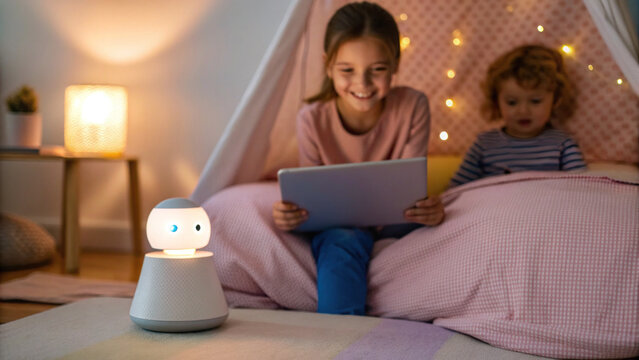 Young girl and child interact with glowing AI robot in cozy tent while using tablet, creating warm and engaging atmosphere