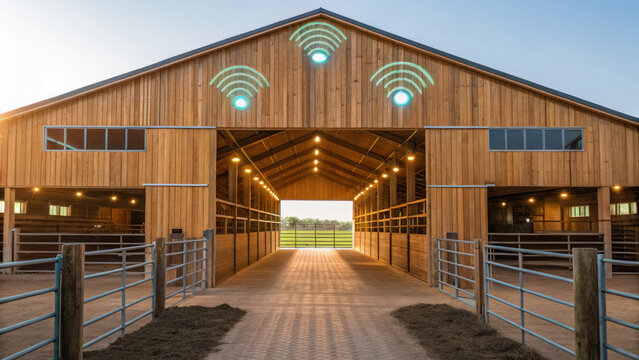 Modern smart farm barn with AI holographic monitoring panels, featuring wooden architecture, open gates, and illuminated interiors - Powered by Adobe