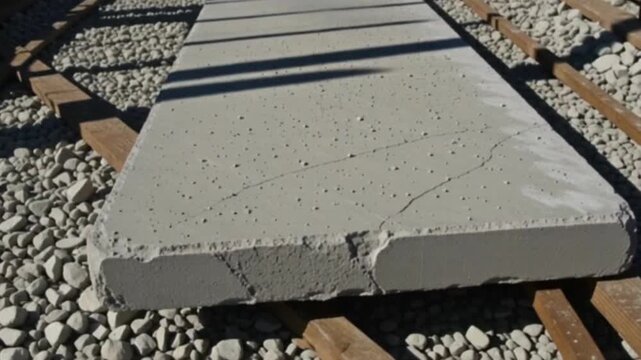 Concrete slab: A weathered concrete slab rests on a bed of stones, showing signs of aging and the textures of construction, perfect for highlighting industrial environments and construction sites.