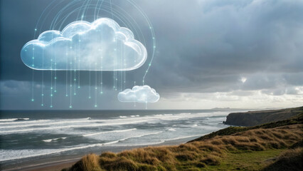 Futuristic weather monitoring system visualized as holographic clouds over stormy coastal landscape, symbolizing advanced meteorology