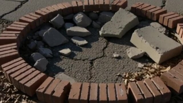 Circular Brick Fire Pit: A rustic fire pit composed of weathered bricks forms a perfect circle, cradling stones within its embrace, ready for an evening of warmth and light.