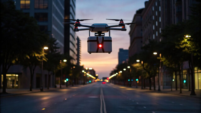 Medical drone carrying defibrillator flies through quiet city street at dusk, showcasing innovative emergency response technology