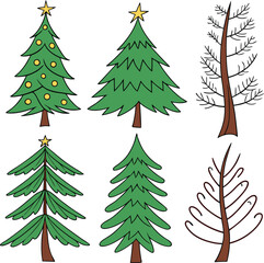 Fototapeta premium Collection of six festive Christmas trees and bare winter trees