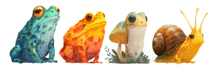 Four Colorful Frogs and a Snail Illustrating Nature's Artistry in Isolation