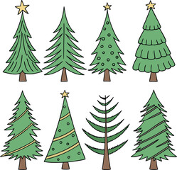 Obraz premium Collection of eight stylized green Christmas trees with various decorations and ornaments