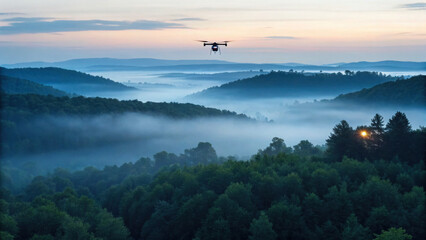 Drone flying over misty forested valley at sunrise, showcasing reforestation efforts and serene natural beauty