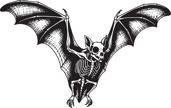 A detailed black and white drawing of a flying bat skeleton with outstretched wings