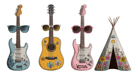 Colorful Art Guitars with Sunglasses and Bohemian Tent Illustration Isolated on Background