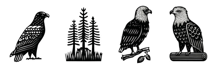 Elegant Black and White Eagle Design with Forest Background and Isolated Elements
