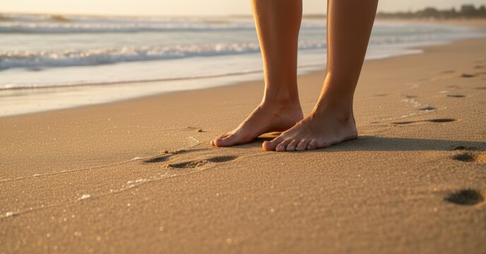 Bare feet stand on a sandy beach with ocean waves gently washing ashore during a beautiful golden hour.