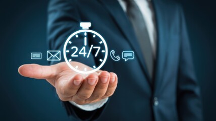 A businessman presents a 247 service concept with a clock and communication icons, symbolizing constant availability and support for customers