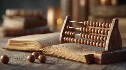Vintage wooden abacus resting on an open antique book.