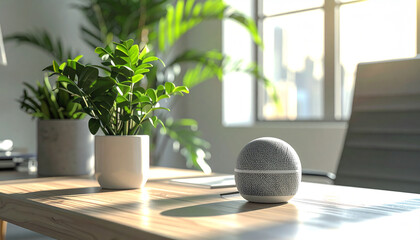 Workspace serenity: A tranquil workspace bathed in natural light, featuring a modern speaker nestled amidst potted plants, capturing the balance of technology and nature in a contemporary setting.
