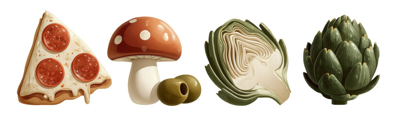 Colorful Food Illustrations with Pizza, Mushroom, Artichoke, and Cabbage on Transparent Background