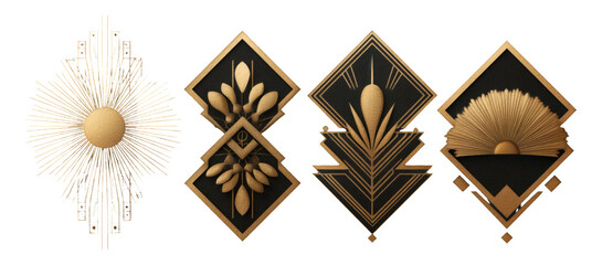 Golden Geometric Shapes and Decorative Elements on Isolated Transparent Background