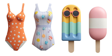 Colorful Swimwear and Ice Cream Popsicles on Transparent Background