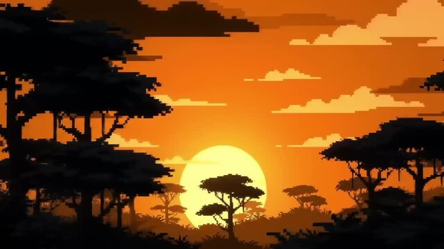 Pixel art sunset over trees