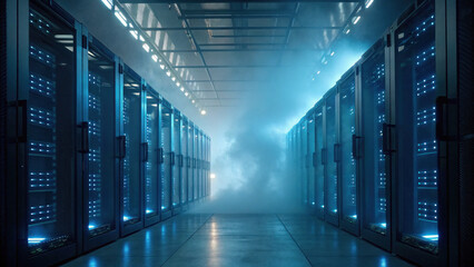 Futuristic data center with glowing blue lights, showcasing advanced technology and misty atmosphere, creating high tech and mysterious vibe