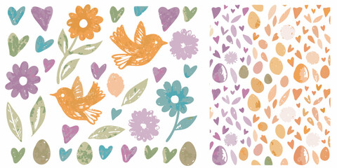 Charming hand drawn easter elements and seamless pattern with birds flowers hearts and eggs
