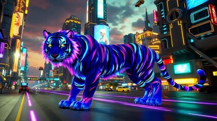 A bioluminescent tiger prowls through a futuristic metropolis with glowing neon lights - Powered by Adobe