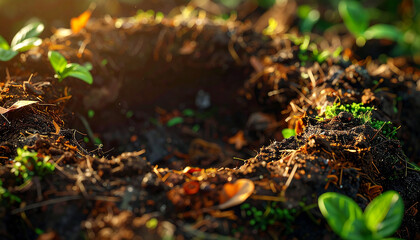 Earth's Embrace: A macro view of fertile earth teeming with new life. Fresh shoots emerge from the rich soil, symbolizing growth, renewal, and the delicate balance of nature.