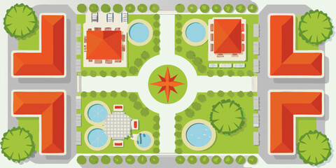 Aerial view of a modern residential complex with l shaped buildings and circular pools arranged around a central plaza © Ratan