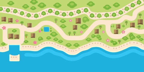 Charming cartoon island village with winding paths houses palm trees and a sparkling blue ocean